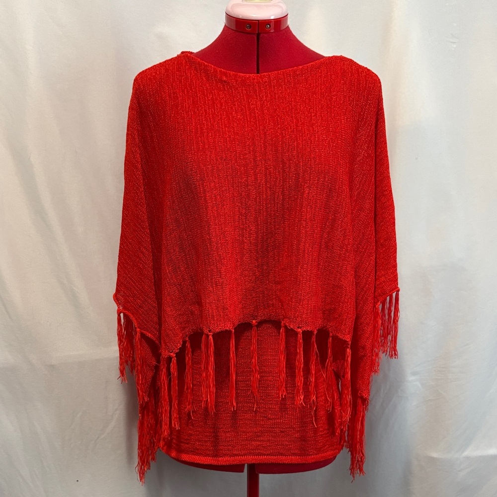 Bright Red Fringe Knit Poncho Sweater SM289